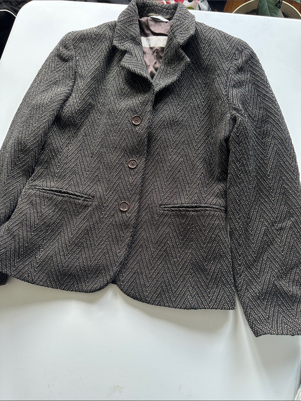 S—MaxMara Brown Herringbone Three-Button Women's Blazer